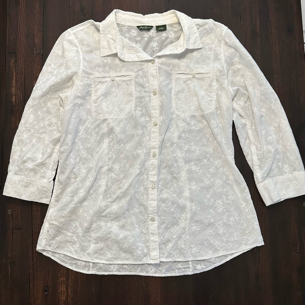 Eddie Bauer White Floral Embroidered Blouse